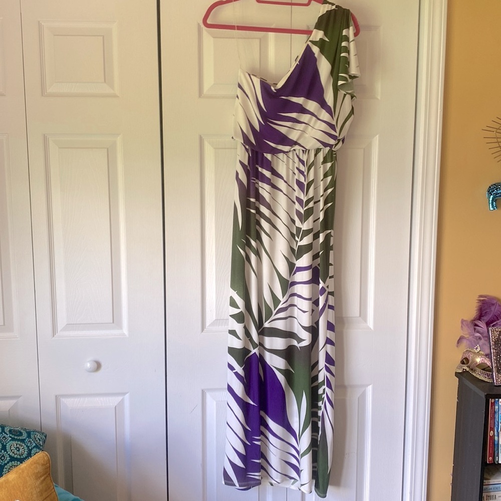 Exotic maxi one shoulder dress with gold metal accents